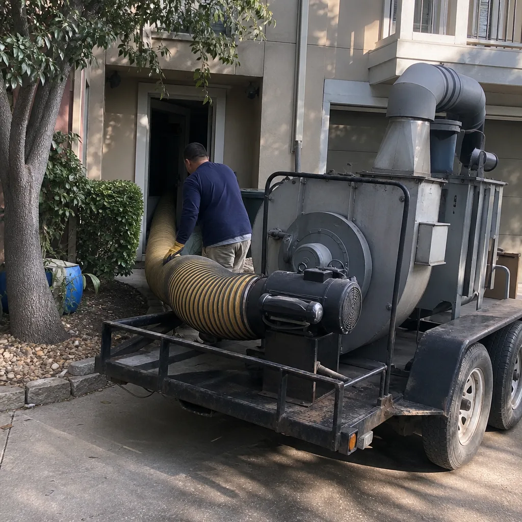 Technician using professional industrial air duct cleaning equipment with yellow hose