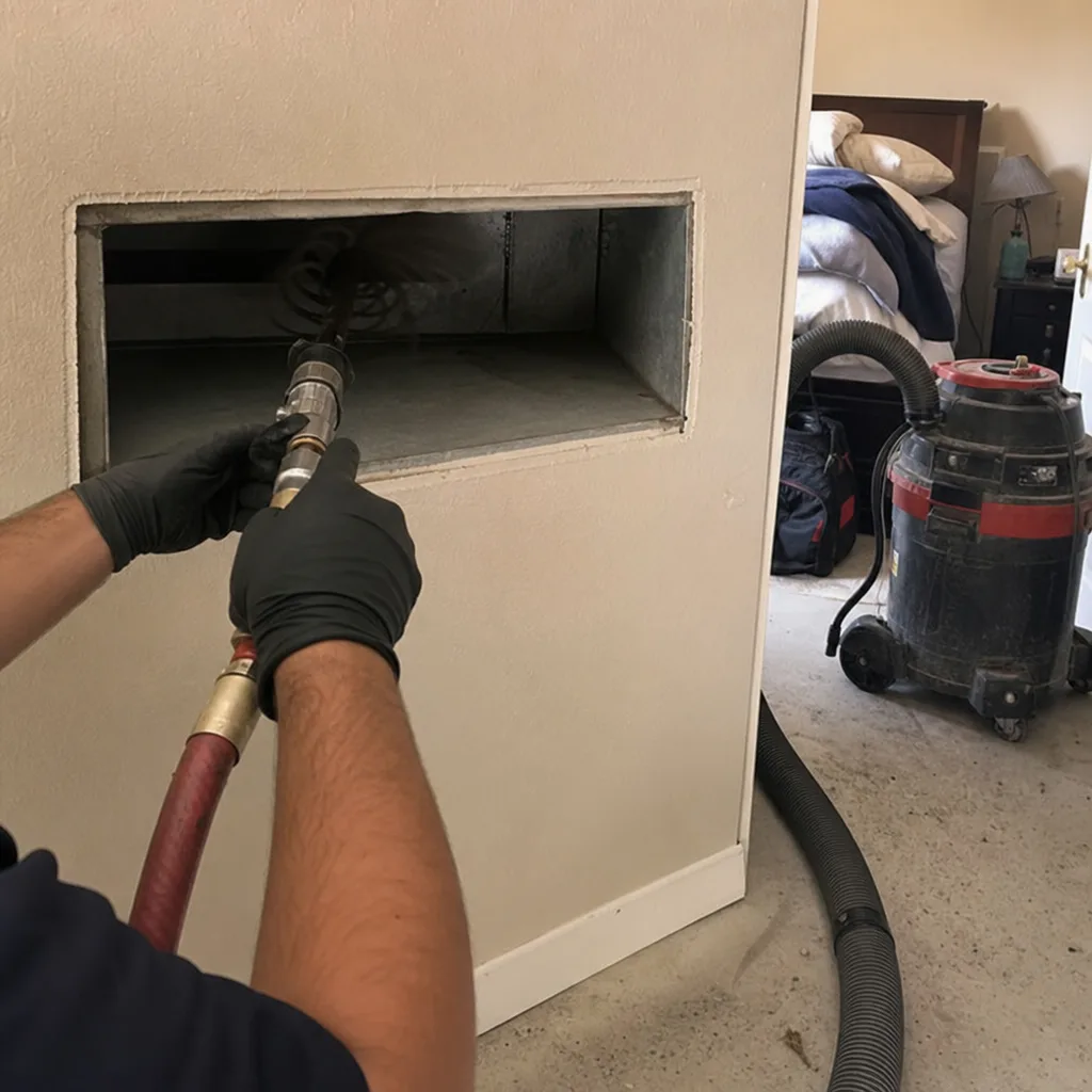 Technician using rotary brush tool for professional residential air duct cleaning