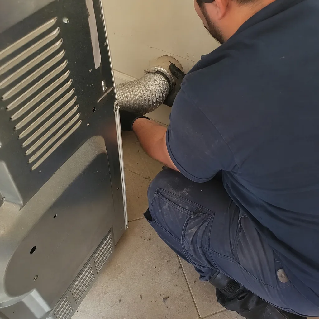 Professional technician performing dryer vent cleaning and duct maintenance
