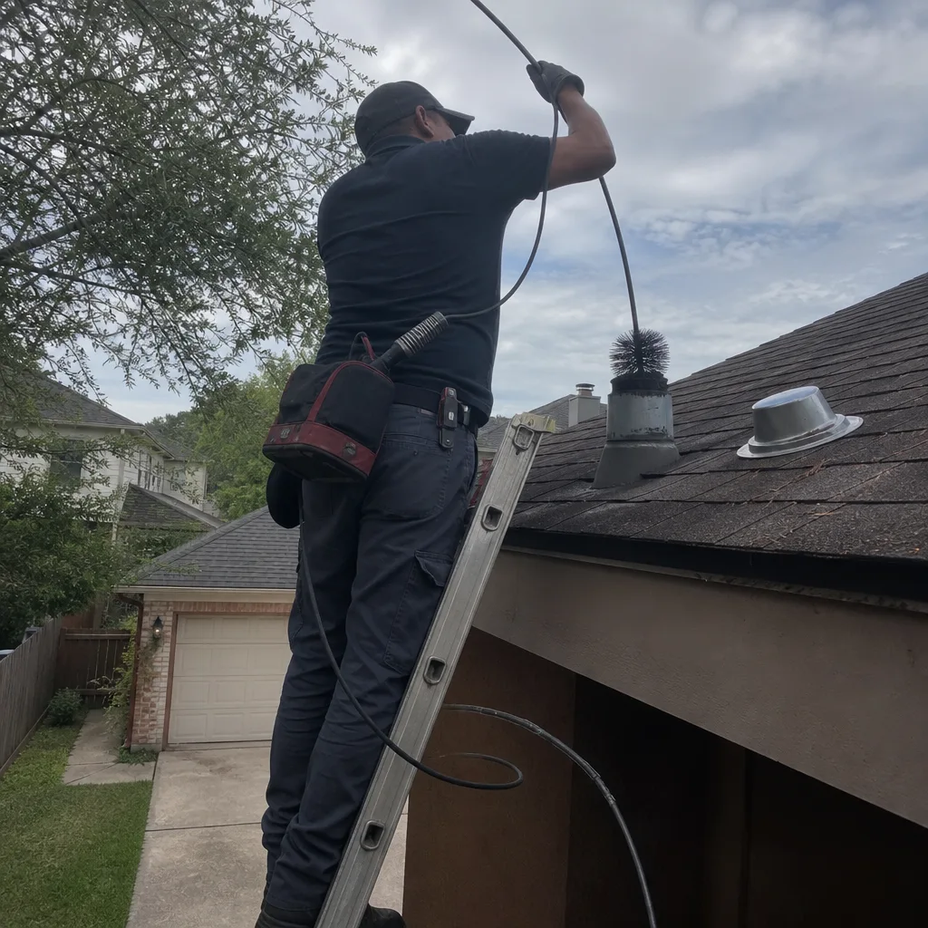 Technician performing professional residential dryer vent cleaning from the roof