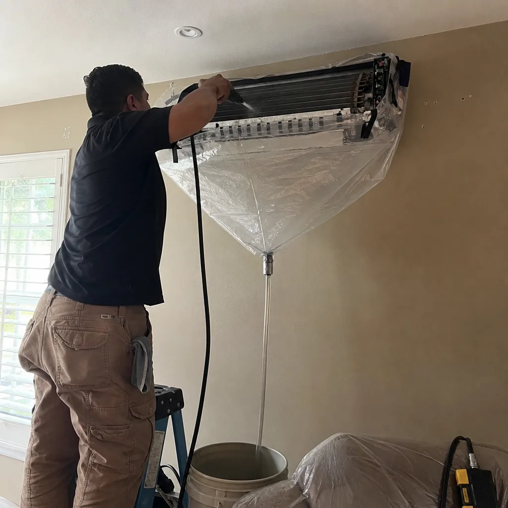 Technician performing professional mini-split air conditioner deep cleaning