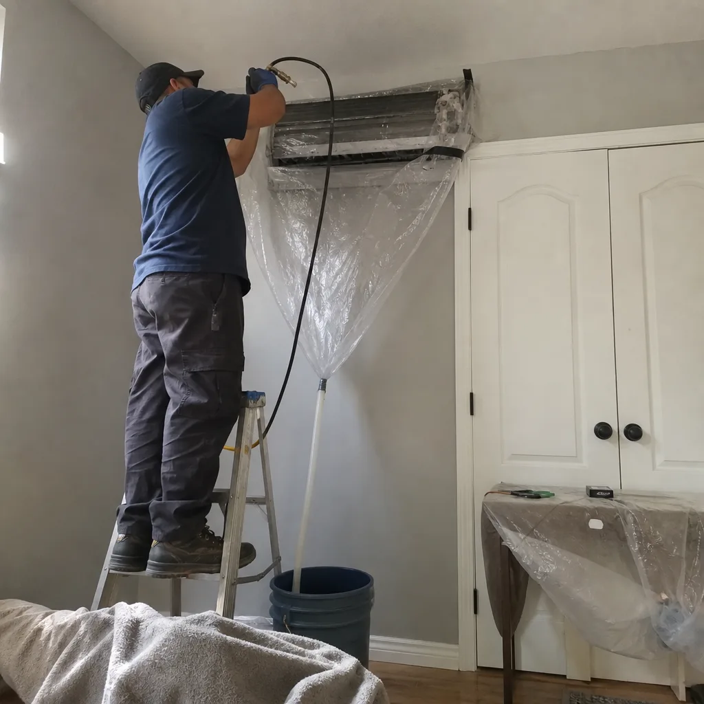 Technician performing professional mini-split HVAC system cleaning and maintenance
