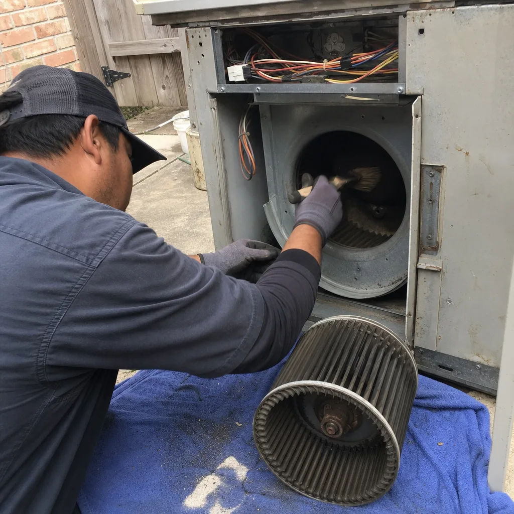 HVAC technician cleaning an air conditioning blower housing with a brush
